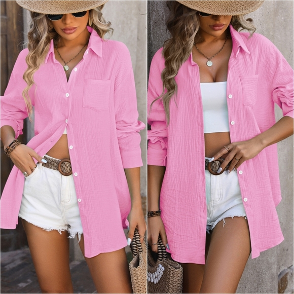 Harper Button Up Top - Pink - Picture 1 of 6